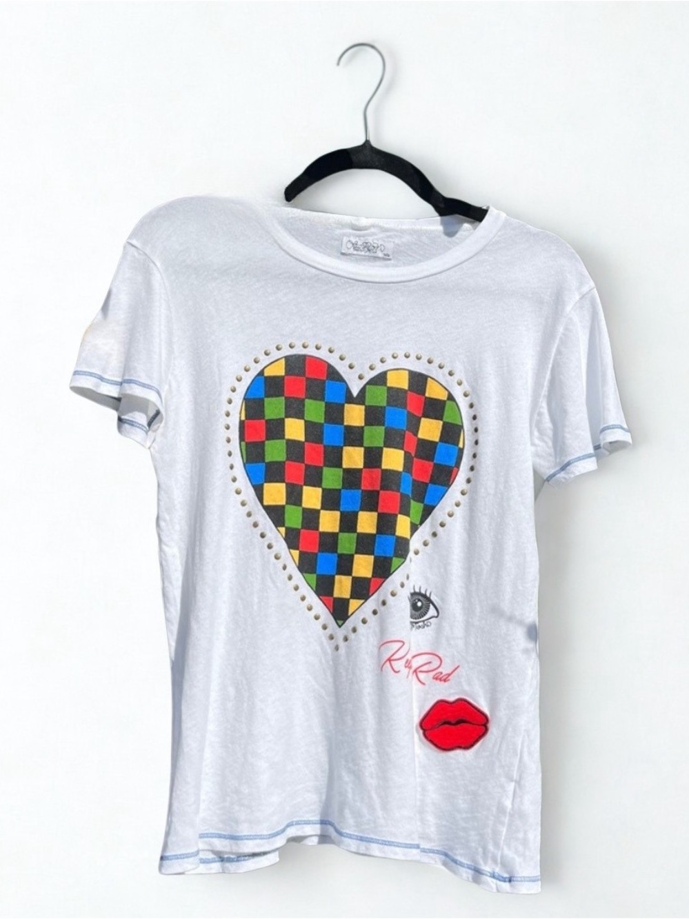 Lauren Moshi White Short-Sleeve Tee with Multicolor Checker Heart & Lips, XS